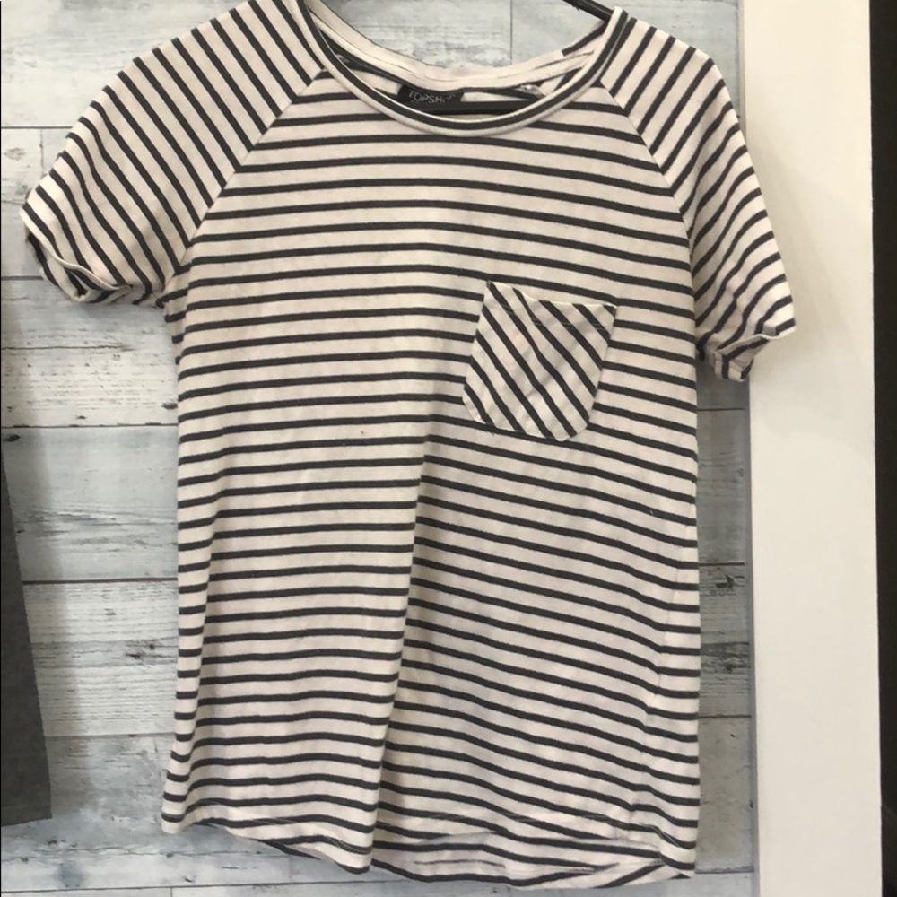 White Black Striped Tee With Small Front Pocket